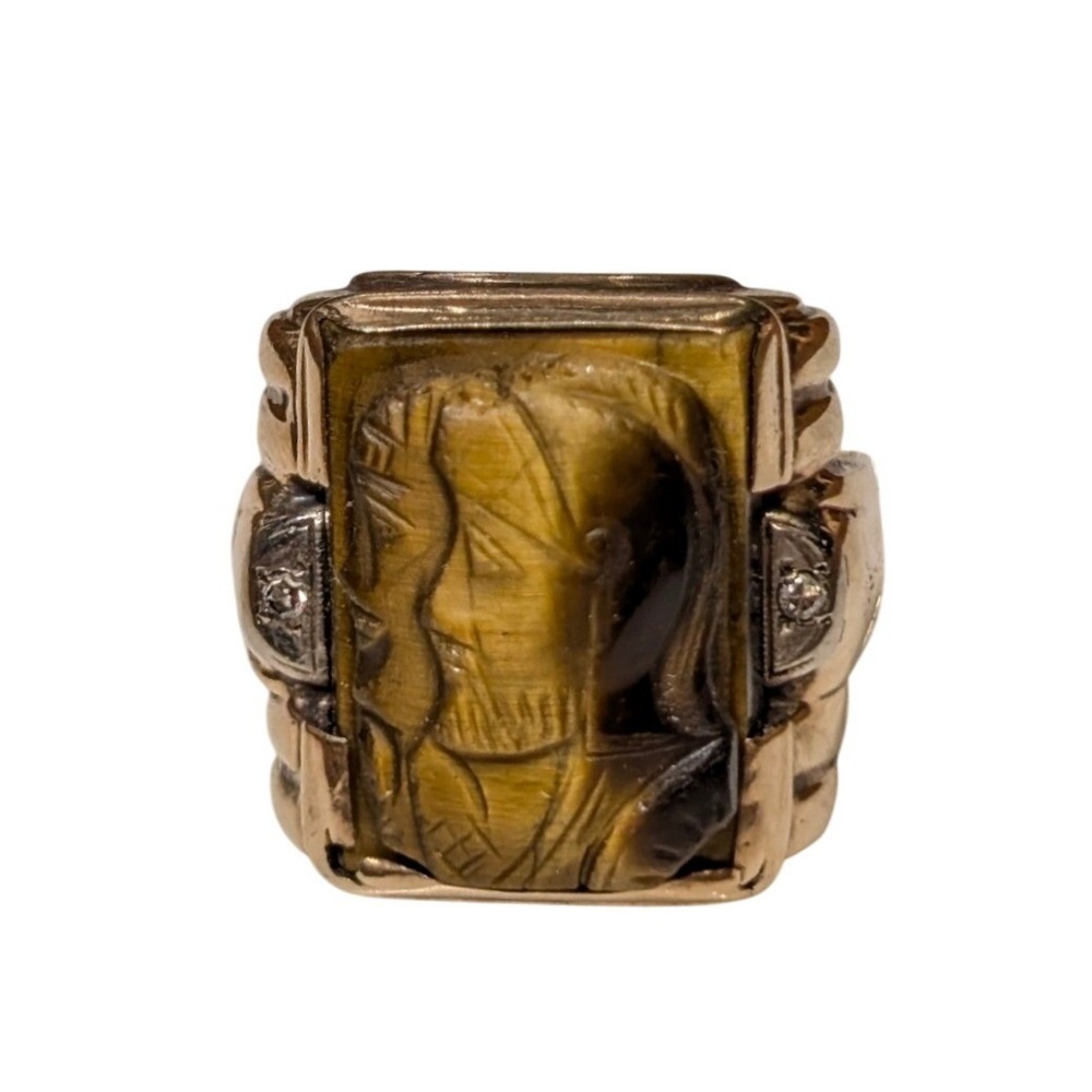 Vintage Chunky Tigers Eye Double Cameo Intaglio Ring Yellow Gold Size 9.75 22 KG